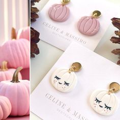 two pictures of pumpkins with eyelashes on them, and one has a pair of earrings