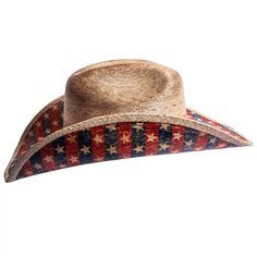 If you love this country, you'll love this Patriot hat! A straw cowboy hat with stars and stripes on the brim with a tasteful black and brown hatband. Also has silver pieces on the hatband Country Style Short Brim Hat For Rodeo, Western Style Top Hat For Summer Rodeo, Country Style Brimmed Top Hat For Ranch, Country Brimmed Top Hat For Rodeo, Country Style Brimmed Top Hat For Rodeo, Country Style Wide Brim Top Hat For Rodeo, Western Flat Brim Hat For Country Events, Western Style Flat Brim Hat For Country Events, Southern Style Short Brim Hat For Country Events