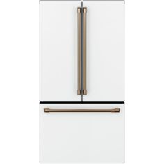 a white refrigerator freezer with two gold handles