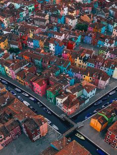 an aerial view of colorful buildings in the city