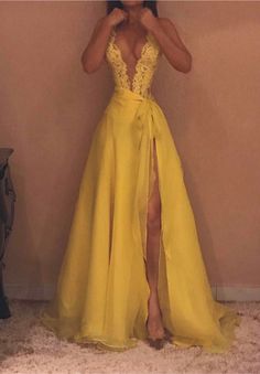 newarrivaldress.com custom made Sexy Yellow Straps Deep V-neck Evening Gown | Front Split Evening Gown 2023 Prom Dresses Yellow, V-neck Gown With Lace Back For Prom, V-neck Evening Dress With Lace Back For Prom, V-neck Evening Dress With Lace Back, V-neck Lace Bodice Prom Gown, Sheer Bodice V-neck Dress For Prom, Fitted Split Gown For Wedding, V-neck Dress With Sheer Bodice For Prom, Wedding Maxi Dress With Sweep Train And Split