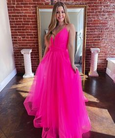 Prom 2k23, Pink Tulle Prom Dress, Tulle Formal Dress, Prom Dress Pink, Tulle Long Prom Dress, Spaghetti Strap Prom Dress, Prom Dress Inspiration, Dress A Line, Mothers Dresses