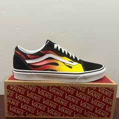 Brand - Vans Shoe Model - Old Skool Style Code - Vn0a38g1phn Design - Flames Condition- Brand New Color - Black, Yellow, Red & White Gender - Unisex Sizes Available; Men’s 11.5 = Women’s 13 Olive Green Vans, Vans Sk8 Hi Pro, Vans Chukka Low, Vans Sk8 Mid, Vans Old Skool Low, Galaxy Vans, Vans Old School, Sk8 Hi Vans, Slip On Tennis Shoes