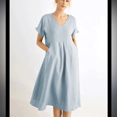 Light Blue 100% Linen Dress With Pockets. Side Zip Closure Size Xl V-neck Shift Dress With Pockets, Light Blue V-neck Sundress, Blue Shift Maxi Dress Midi Length, Blue V-neck Dress With Pockets, Casual Light Blue Mid-length Dress, Light Blue A-line Casual Midi Dress, Blue Casual Relaxed Fit Dress, Light Blue Short Sleeve Relaxed Fit Dress, Blue Linen Midi Dress With Short Sleeves