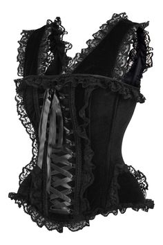 Overbust corset made of velvet and lace fabrics 10 Spiral Steel boned with 2 Flat steel bones Delicate lace detailing Ribbon tie closure at back for cinching Privacy Panel Lined Hand Wash Waist Cincher Corset, Steel Boned Corsets, Lace Fabrics, Elegant Moments, Gothic Corset, Light Up Shoes, Overbust Corset, Biker Chic, Corsets And Bustiers