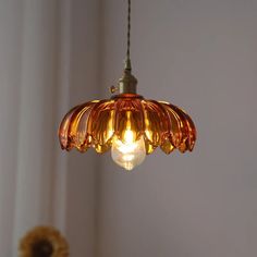 a light hanging from a ceiling with a flower in front of it and a vase behind it