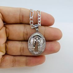 Sterling Silver 925 Figaro Necklace & Pendant 22” Long 4mm Wide Saint Benedict Pendant Charm 1” Cadena De Plata Para Mujer O Nia/Nio O Hombre 22 Pulgadas De Larga Con Dije De San Benito Dije De 1” En Plata Silver Oval Pendant Necklace With Sterling Clasp, Silver Oval Pendant Necklace With Sterling Silver, Sterling Silver Jewelry With Shiny Finish And Oval Shape, Oval Sterling Silver Jewelry With Shiny Finish, Silver Pendant Necklace With Shiny Finish, Oval Silver Jewelry With Shiny Finish, Silver Oval Pendant Necklace Stamped 925, Silver 925 Stamped Oval Pendant Necklace, Silver Figaro Chain Jewelry With Round Pendant