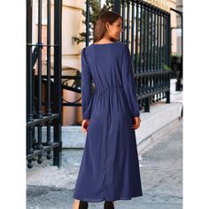 Crafted from 94% Polyester and 6% Spandex, this dress offers a lightweight and breathable feel, making it suitable for any season. The design features lantern long sleeves, a round neck, high waist, pleated front, and a side zipper for a perfect fit. The chiffon fabric adds a touch of sophistication, making it ideal for formal parties, weddings, proms, and other special occasions. The long sheer puff sleeves and flowy long-length skirt enhance its elegant appeal. This maxi formal A-line dress is Blue Flowy Long Sleeve Chiffon Dress, Flowy Long Sleeve Blue Chiffon Dress, Flowy Blue Chiffon Dress With Long Sleeves, Casual Blue Midi-length Chiffon Dress, Casual Blue Midi Length Chiffon Dress, Casual Solid Chiffon Midi Dress, Casual Blue Chiffon Midi Dress, Casual Blue Midi Chiffon Dress, Casual Solid Color Chiffon Midi Dress