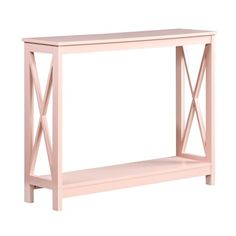 a pink console table with two shelves on one side and an x design on the other