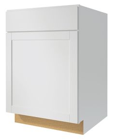 an image of a white cabinet with wood trim on the door and bottom paneling