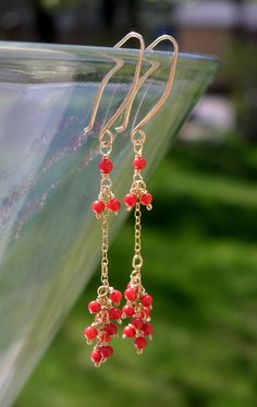 Wire Wrapped Red Coral Cluster Earrings Coral by BellantiJewelry Dainty Red Dangle Jewelry, Dainty Red Jewelry With Ear Wire, Coral Jewelry With Dangling Beads For Gift, Elegant Red Earrings With Tiny Beads, Elegant Coral Dangle Earrings, Handmade Coral Drop Earrings, Elegant Red Coral Dangle Earrings, Chinese Accessories, Elegant Multi-strand Red Coral Jewelry