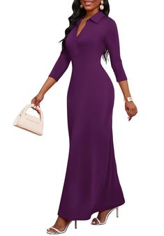 a woman in a long purple dress holding a white purse and posing for the camera