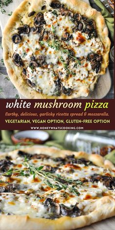 two different types of pizzas are shown in this advertisement for white mushroom pizza, vegetarian vegan options, gluten - free option