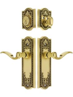 two golden door handles with ornate designs on each handle and one has a single lever