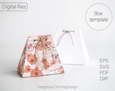 an origami box with flowers on it and the text box template is below