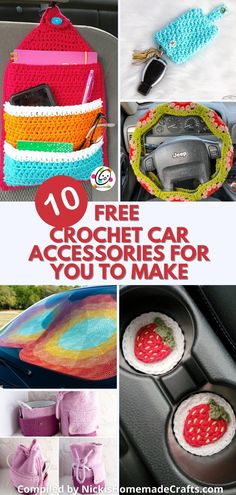 crochet car accessories are featured in this collage with text overlay that reads, 10 free crochet car accessories for you to make