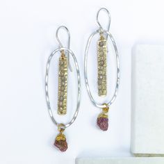 handmade mixed metal ruby labradorite gemstone earrings laura j designs Dream Earrings, The Mystic, Jewelry Repair, Ruby Gemstone, Hand Forged, Semi Precious Gemstones, Labradorite, Semi Precious, Gold Filled