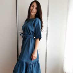 "Linen blue dress, natural clothing, dress with a ruffle, dress with a belt Beautiful linen dress with short sleeves suitable for various occasions: business lunch, dinner, work, leisure It is decorated with a steering wheel below, and in the waist, you can tie it with a belt. The dress is already washed, it doesn't shrink anymore. The dress will remain in excellent condition after several washes. - It is made of 100% high quality European linen fabric. - From flax with Oeko-Tex certificate - So Casual Fitted Belted Dress With Short Sleeves, Casual Fitted Short Sleeve Belted Dress, Casual Blue Belted Maxi Dress, Summer Knee-length Dress With Belt, Casual Short Sleeve Dresses With Belt, Spring Short Sleeve Belted Maxi Dress, Belted Short Sleeve Maxi Dress For Spring, Blue Knee-length Short Sleeve Dress For Spring, Spring Short Sleeve Fitted Belted Dress