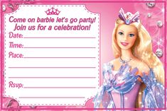 barbie birthday party card with pink background and princess doll on the front, text reads come on barbie let's go party join us for a celebration