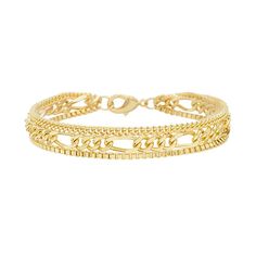 With its mixed chains and 14k gold plating, this Paige Harper recycled brass bracelet is the perfect finishing touch for nearly any everyday ensemble. With its mixed chains and 14k gold plating, this Paige Harper recycled brass bracelet is the perfect finishing touch for nearly any everyday ensemble. Length: 7.5 in. Nickel free Metal: 100% recycled brass Plating: 14k gold Finish: polished Packaging: boxedSUSTAINABILITY FEATURES Contains recycled materials Size: 7.5". Color: Gold Tone. Gender: female. Age Group: adult. Material: Gold|Brass. Gold Metal Bracelet With Double Chain, Gold Double Chain Bracelet As Gift, Gold Double Strand Bracelet With Delicate Chain, Gold Double Strand Bracelets With Delicate Chain, Gold Bracelets With Double Chain And Adjustable Fit, Adjustable Double Chain Gold Bracelet, Metal Chain Link Bracelet With Figaro Chain, Gold Multi-strand Figaro Chain Jewelry, Gold Metal Chain Bracelet With Double Chain