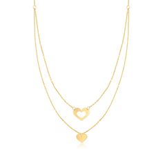 Ross-Simons - Italian 14kt Yellow Gold Double-Heart Layered Necklace. 16". RS Pure. Create the perfect layered look with this delicate, modern necklace. Crafted in Italy, this dainty necklace features heart designs on two simple 14kt yellow gold cable chains. Wear it with all your favorite contemporary jewelry to complete any outfit. Polished finish. Lobster clasp, 14kt yellow gold double-heart layered necklace. Gold Heart Pendant Necklace For Layering, Elegant Heart-shaped Necklace For Layering, Elegant Heart Shaped Necklace For Layering, Elegant Heart-shaped Layering Necklace, Elegant Heart Shaped Layering Necklace, Formal Yellow Gold Double Heart Necklace, Yellow Gold Double Strand Necklace For Anniversary, Double Strand 14k Gold Necklace For Layering, Layered Yellow Gold Jewelry As Gift