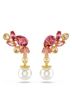 Colorful Swarovski zirconia mimic Japan's beautiful cherry blossoms in these clustered drop earrings finished with crystal imitation-pearl drops. 1 1/4" drop; 1/4" width Pearl size: 8mm Post back Goldtone plate/Swarovski zirconia/crystal imitation pearl Imported Pearl Cluster Earrings, Rollerball Perfume, Pearl Cluster, Makeup Gift, Crystal Drop Earrings, Swarovski Earrings, Cluster Earrings, Silver Drop Earrings, Swarovski Pearls