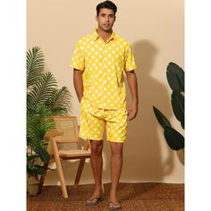 This is a uniquely designed short-sleeved set with a polka dot pattern, which consists of a shirt and shorts. Made of soft and lightweight fabric, the Hawaiian set gives you a comfortable wearing experience on summer days. Wear it to attract others' attention. Travel easily with this outfit, no need to think about matching. It is suitable for summer vacation, beach, pool, party, club, and daily wear. Casual Polka Dot Sets For Spring, Yellow Short Sleeve Sets For Vacation, Cotton Polka Dot Sets For Summer, Casual Polka Dot Shorts For Summer, Yellow Short Sleeve Vacation Sets, Polka Dot Fitted Summer Sets, Multicolor Swim Trunks With Built-in Shorts For Beach Party, Multicolor Printed Cover-up For Pool, Beach Pool Party