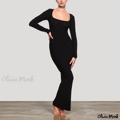 Olivia Mark - Womens Long Sleeve Solid Color Bodycon Dress for Home and Casual Wear Fitted Solid Maxi Length Bodycon Dress, Sleek Black Fitted Bodycon Dress, Black Maxi Length Fitted Bodycon Dress, Fitted Black Full Length Maxi Dress, Black Full-length Bodycon Dress, Casual Black Maxi Length Bodycon Dress, Casual Black Maxi Bodycon Dress, Sleek Black Bodycon Dress With Long Sleeves, Sleek Long Sleeve Black Bodycon Dress