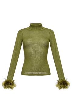 ANDREEVA| Green knit turtleneck with handmade knit details Ruffles Design, Green Turtleneck, Made In Ukraine, Handmade Knit, Power Dressing, Knit Turtleneck, Outfit Inspo Fall, Full Potential, Handmade Knitting