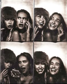 black and white photo collage of four women with hair blowing in the wind, one holding a cell phone to her ear