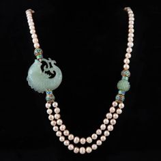 Gorgeous Carved Serpentine Koi Fish Necklace with Enamel and Freshwater Pearls. 2