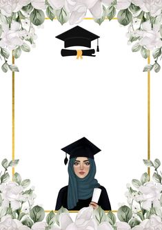 a woman wearing a graduation cap and holding a diploma in front of white roses with gold trim