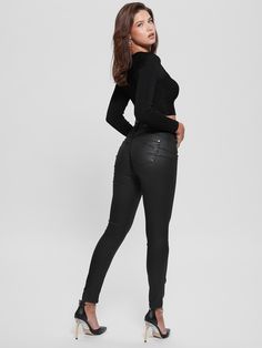 Feel extra comfortable in your own skin with these special jeans. Featuring a curve-hugging denim design, high-rise waist, five-pocket construction, dual waist buttons and triangle logo at the back pocket. Chic Slim Bottoms For Fall, Trendy Five-pocket Jeans For Night Out, Chic Slim Fall Bottoms, Chic High Stretch Mid-rise Jeans, Chic High-stretch Mid-rise Jeans, Chic Mid-rise High Stretch Jeans, Chic High Stretch High Rise Jeans, Chic High Rise High Stretch Jeans, Chic High-rise High-stretch Jeans