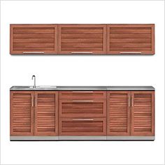 two wooden cabinets and a sink in front of each other