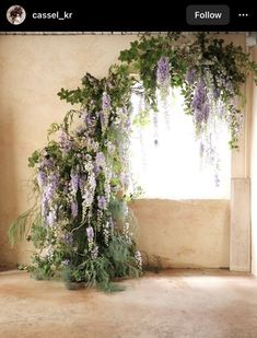 an open window with purple flowers growing out of it and vines hanging from the windowsill