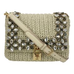 Dolce & Gabbana Crystal Raffia Flap Handbag in very good condition. Beige woven raffia straw exterior trimmed with gold hardware, matching beige leather, and beautiuful crystal embellishments. Front twist padlock opens via single flap to a beige leather and leopard print satin interior with one side zip pocket. Overall very good condition. A few small stains on raffia exterior- see photos. Clean corners edges and interior. Removable shoulder strap. Measurements: 10x8x3" 9-15" strap drop Crystal Crochet, Tas Bahu, Crochet Handbag, Crochet Clutch, Crochet Bags Purses, Woven Raffia, Crochet Stitch, Crochet Purses, Crochet Handbags