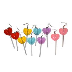 "Cutie Lollipop Heart Earrings Handmade and measuring 3.5\" long Very lightweight" Rave Candy, Heart Shaped Lollipops, Lollipop Earrings, Candy Earrings, Earrings Kawaii, Custom Jewelry Box, Earrings Big, Earrings Heart, Earring Holder