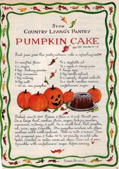 an old recipe book with pumpkins and a cake on the table in front of it