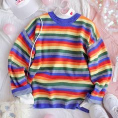 Colorful Rainbow Stripes Knit Sweater Kidcore Clothing, Outfits With Striped Shirts, Stripe Knit Sweater, Rainbow Outfit, Rainbow Sweater, Cute Rainbow, Clothes Aesthetic, Colorful Rainbow, Kawaii Clothes