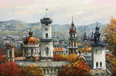 an oil painting of a cityscape in autumn