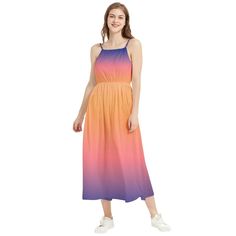 Introducing the enchanting Ombre Sunset Boho Sleeveless Maxi Dress from Future is Retro - a captivating and stylish piece that effortlessly embodies the spirit of warm, sun-kissed days and carefree, Bohemian vibes. This delightful dress is an absolute must-have for your summer wardrobe, perfect for beach getaways, casual outings, or romantic picnics.   Expertly crafted from a lightweight, breathable fabric, this dress ensures you'll stay comfortable and fresh on even the hottest of days. The stu Orange Sleeveless Maxi Dress For Vacation, Orange Sleeveless Dress For Beach Season, Orange Sleeveless Summer Dress For Beach Season, Bohemian Orange Sleeveless Dress For The Beach, Bohemian Orange Sleeveless Beach Dress, Multicolor Midi Sleeveless Beach Dress, Multicolor Midi Dress With Spaghetti Straps For Summer, Orange Maxi Length Sundress, Orange Sleeveless Maxi Dress For Spring