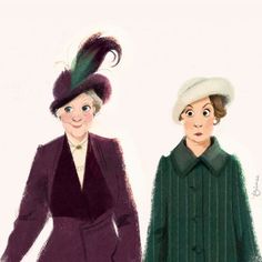 two women in coats and hats standing next to each other, one wearing a green coat