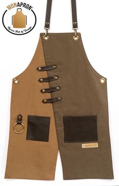 two aprons with different colors and straps on the front, one brown and one tan