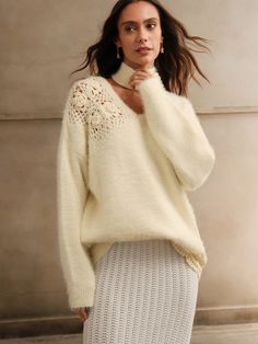 Women Handmade Crochet Edged 3D Mink Hair Pullover Sweater, Autumn/Winter White Casual  Wrist-Length Sleeve Knitwear Plain Pullovers Slight Stretch  Women Clothing, size features are:Bust: ,Length: ,Sleeve Length: Sweater Autumn, Fashion 2024, Oversized Cardigan, Loose Sweater, Crochet Edging, Kids Sleepwear, White Casual, Winter White, Knitwear Women