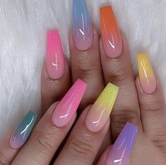 🤯 You won’t believe this! Bettycora Colorful Sunshine Genki Coffin Press On Nails selling at $9.99 🤯 by BettyCora 🚀 Selling out fast so be quick! 🚀 Ombre Acrylic Nails, Cute Acrylic Nail Designs, Ballerina Nails, Summer Acrylic Nails, Rainbow Nails, Coffin Nails Designs, Nail Polishes, Best Acrylic Nails, Long Acrylic Nails