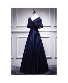 Get 10% off now! Buy classy aline satin navy evening dress vneck with lace at cheap price online. Free stable shipping and pro custom service since 2009. Blue Lace Prom Dress, Elegant Formal Dress, High Low Evening Dresses, Embroidered Beads, Satin Bridal Gowns, Off Shoulder Evening Dress, Dress Elegant Long, Prom Inspo, Gaun Fashion