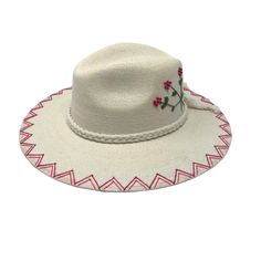 The wait is over! This hat is Ready to Ship and your order will be processed and shipped within 3-7 business days. Items with embroidery customization will be shipped within 2 weeks. Our exclusive LoveShackFancy inspired design! White Palm Straw Hat with Red Bouquet by Corazon Playero. Custom designed and hand made hats by artisans in San Jose Del Cabo, Mexico. These hats are one size fits most with an elastic band inside to add comfort and fit for all head sizes. Please note, all hats come with White Embroidered Fitted Hat, Fitted Embroidered White Hat, White Embroidered Hat For Vacation, White Embroidered Hat With Curved Brim, Cream Embroidered Hat With Curved Brim, White Embroidered Curved Brim Hat, White Curved Brim Hat With Embroidery, Cream Curved Brim Embroidered Hat, Embroidered Fedora With Short Brim