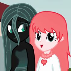 two cartoon characters one with pink hair and the other black, both have green eyes