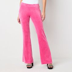 With these Juicy By Juicy Couture women's and junior's flare-leg track pants, you'll feel like the queen of chic off-duty style. Made from soft velour, they feature a relaxed loose-fit, a mid-rise, and the word "Juicy" embellished on the back. Pair it with the matching sweatshirt from the collection.Front Style: Flat FrontClosure Type: Pull OnFit: Loose FitRise: Mid RiseFiber Content: 95% Polyester, 5% SpandexFabric Description: VelourInseam: 32 1/2 InLeg Style: Flare LegCare: Machine Wash, Tumb Trendy Flare Pants For Loungewear, Spring Casual Flares, Spring Casual Long Flares, Casual Pink Wide Leg Flare Pants, Casual Pink Flare Wide Leg Pants, Pink Flare Pants For Loungewear, Casual Fitted Flares Trousers, Pink Flare Lounge Pants, Trendy Fitted Sweatpants