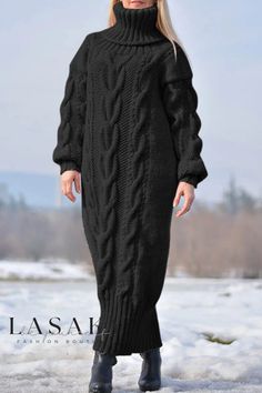 Lasaky - Stylish Khaki Patchwork Turtleneck Long Sleeve Dresses in a Casual and Solid Design Long Sleeve Turtleneck Dress, Wool Knitted Dress, Solid Color Sweater, Sweater Maxi Dress, Long Sweater Dress, Turtleneck Long Sleeve, Jumpsuit Outfit, Sweater Dresses, Long Pullover